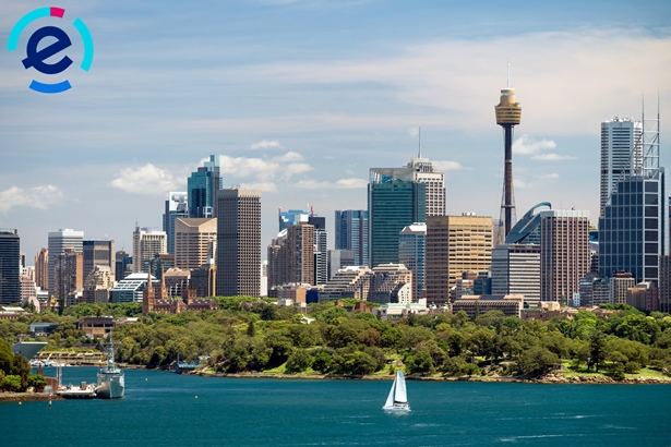 Dramatic view at Sydney city urban skyline logo 