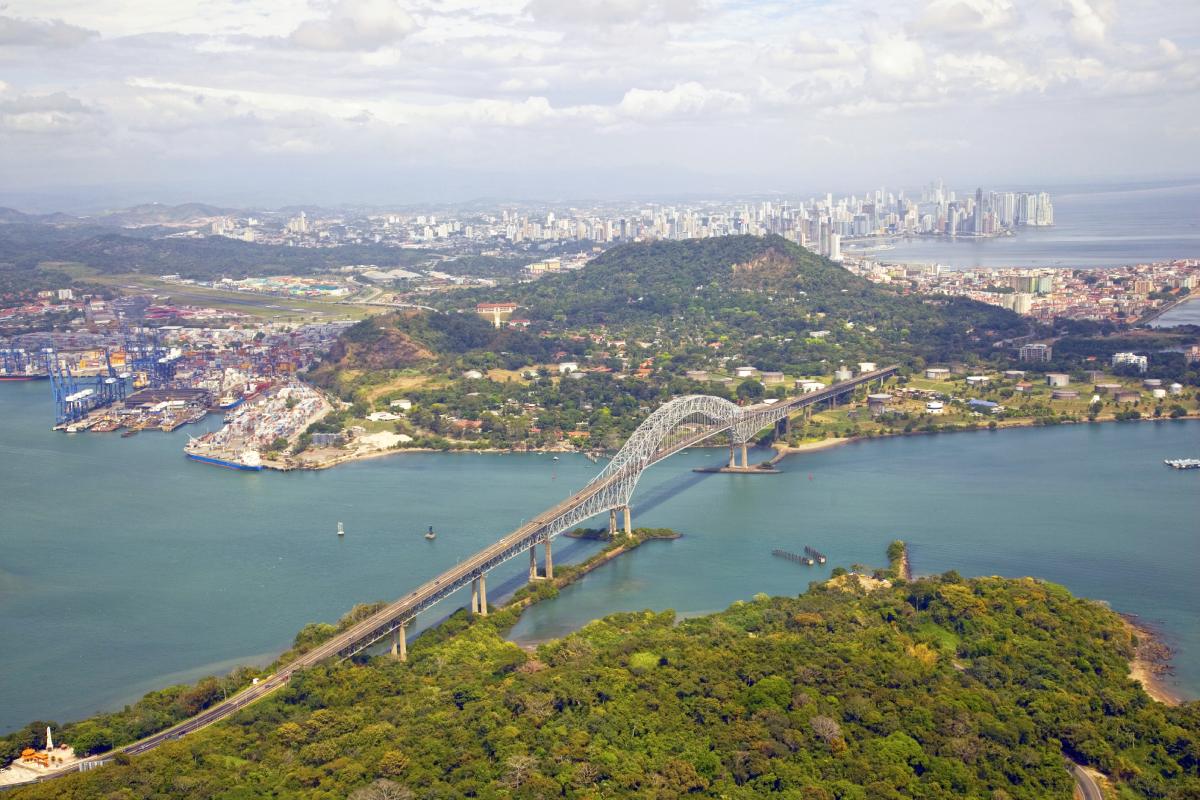 panama canal entry bridge of americas and panama city 