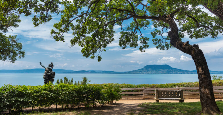 Widok na Balaton z Badacsony na Węgrzech. Na pierwszym planie widoczna jest rzeźba stojąca na tle zielonych krzewów winorośli, a po prawej stronie znajduje się ławka otoczona drzewami. W tle rozpościera się spokojne jezioro Balaton z malowniczymi wzgórzami na horyzoncie i błękitnym, lekko pochmurnym niebem.