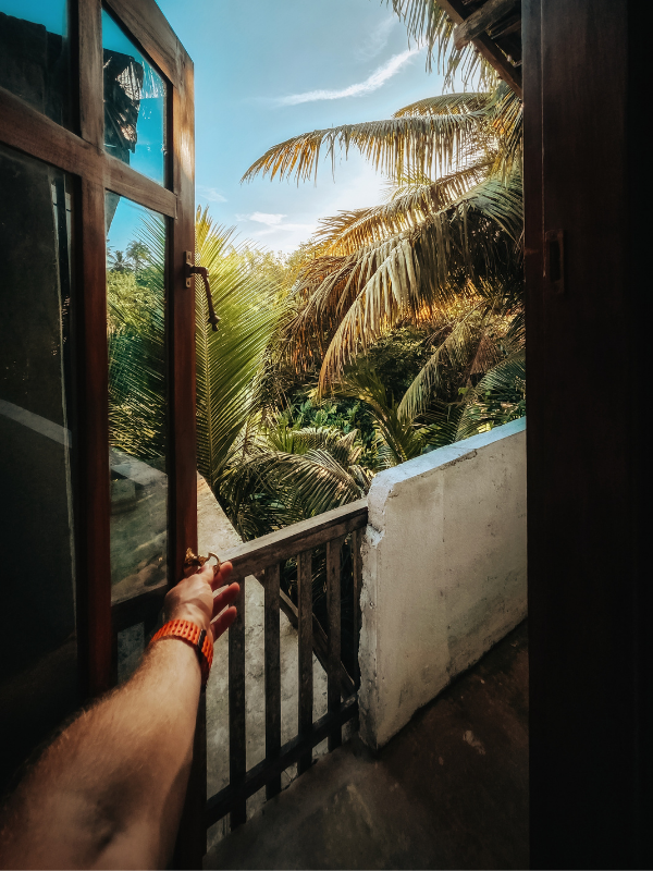 Paweł Mazur Widok z balkonu na tropikalną roślinność i palmy na Sri Lance, słoneczny poranek w egzotycznym kurorcie z otwartymi drzwiami
