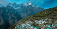 Namche Bazaar, A village in a mountain valley, A village with a view of the Himalayan mountains. Shutterstock
