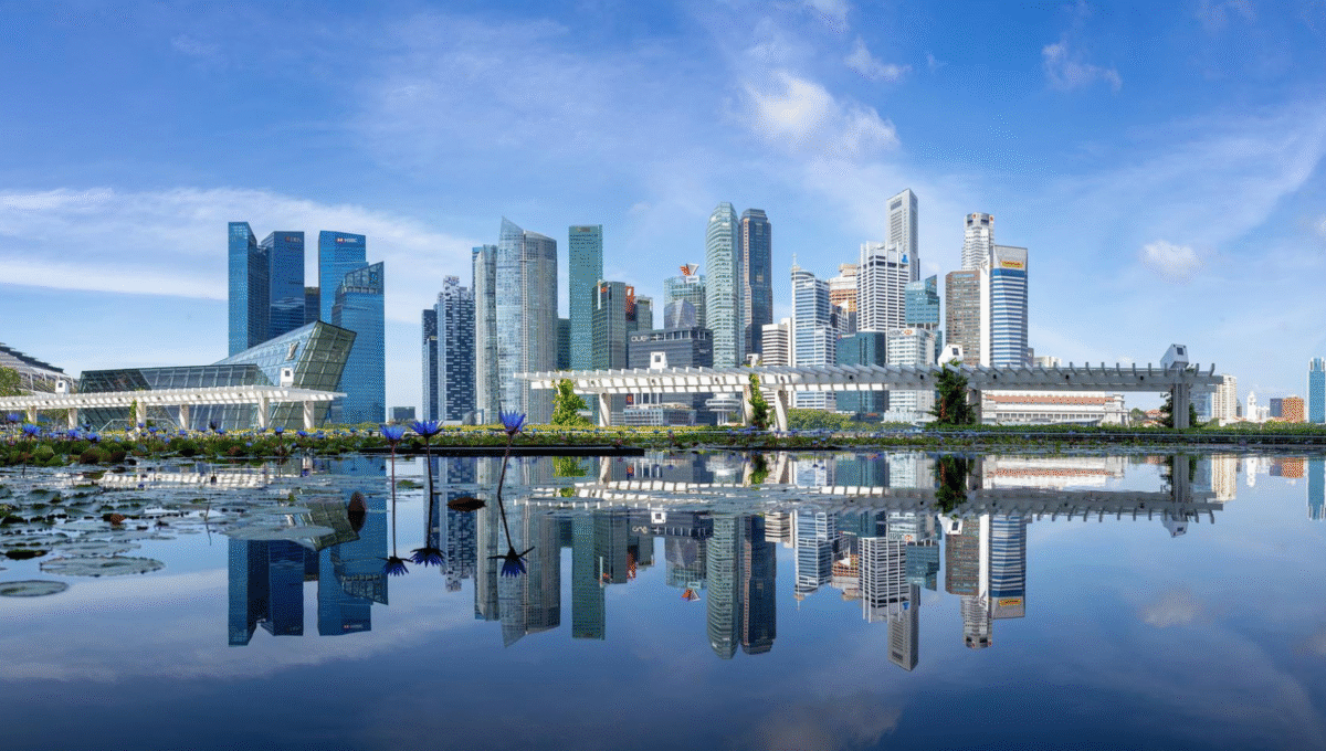 Panoramiczny widok miasta Singapur odbija się w spokojnej tafli wody, a nad nim rozciąga się czyste, błękitne niebo. Horyzont tworzą wieżowce o różnej wysokości i konstrukcji. Na pierwszym planie tafla wody odbija budynki i niebo. Po lewej stronie widoczna jest nowoczesna konstrukcja architektoniczna z szklaną fasadą.