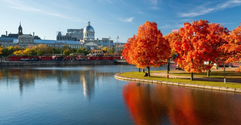 Jesienne drzewa o intensywnie czerwonych liściach odbijające się w wodzie, z historycznym budynkiem Bonsecours Market w tle, pod błękitnym niebem. Kanada
