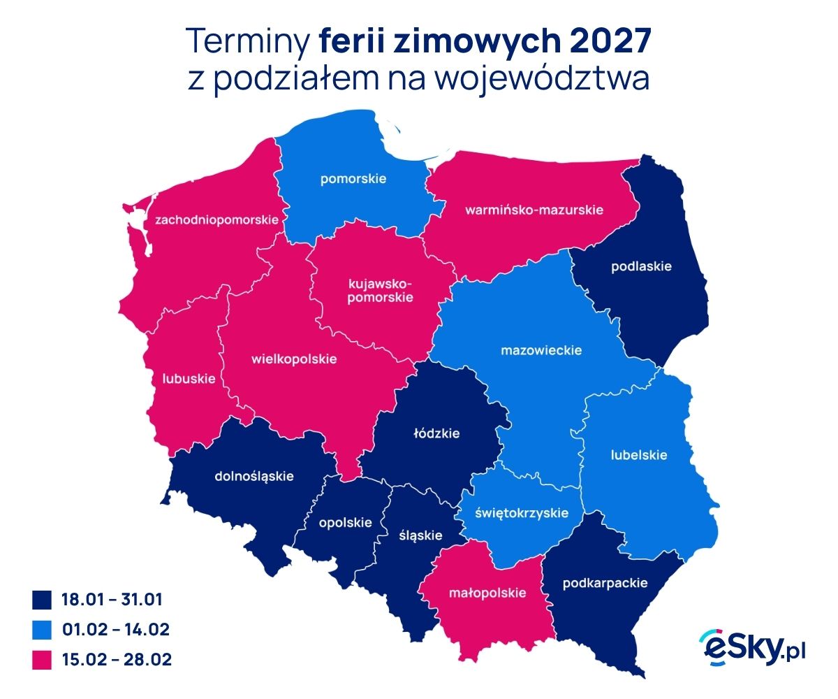 mapka ferii 2027 z podziałem na województwa - eSky.pl