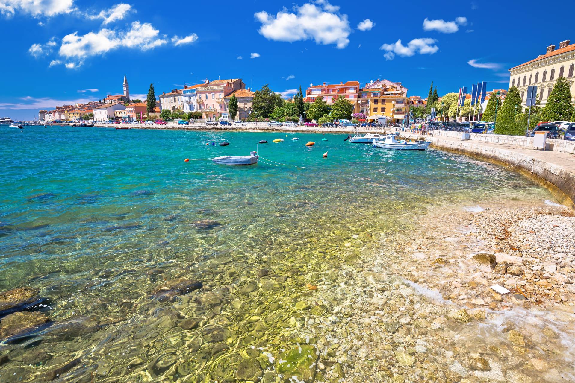 Rovinj. Piękne historyczne miasto Rovinj – widok na plażę i nabrzeże, region Istria, Chorwacja © Shutterstock