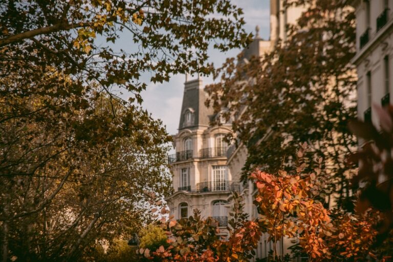 Charming autumn in Paris: streets lined with golden leaves, cozy cafés, and the city's iconic architecture wrapped in a warm, golden glow.
